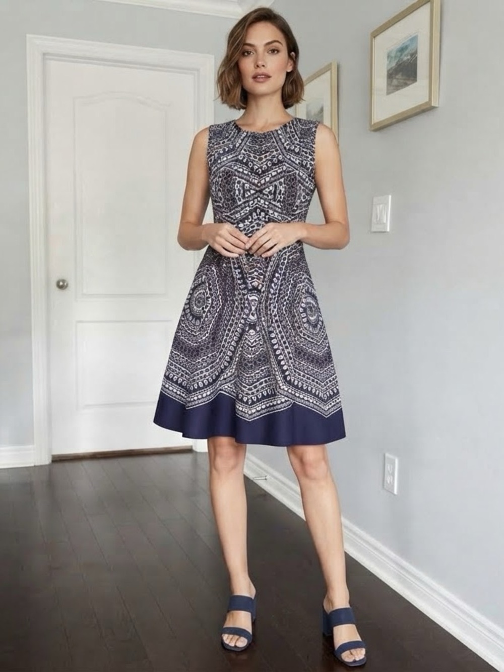 VINCE CAMUTO Printed Fit and Flare Dress - Size 8
